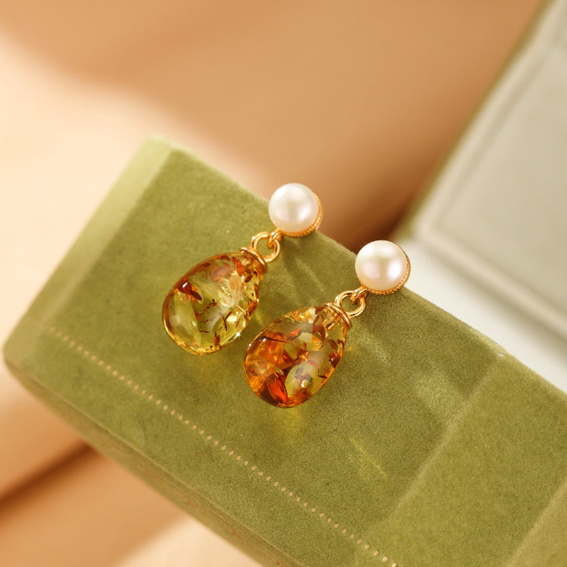 Boucles d'Oreilles Ambre et Perle – Rêve Ambré, Argent Plaqué Or
