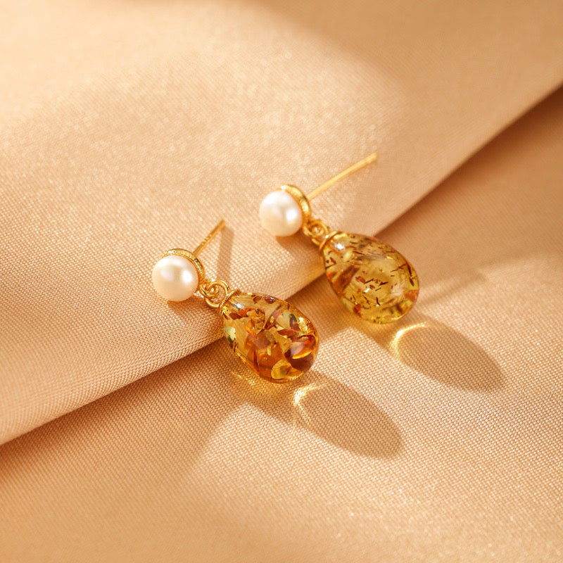 Boucles d'Oreilles Ambre et Perle – Rêve Ambré, Argent Plaqué Or