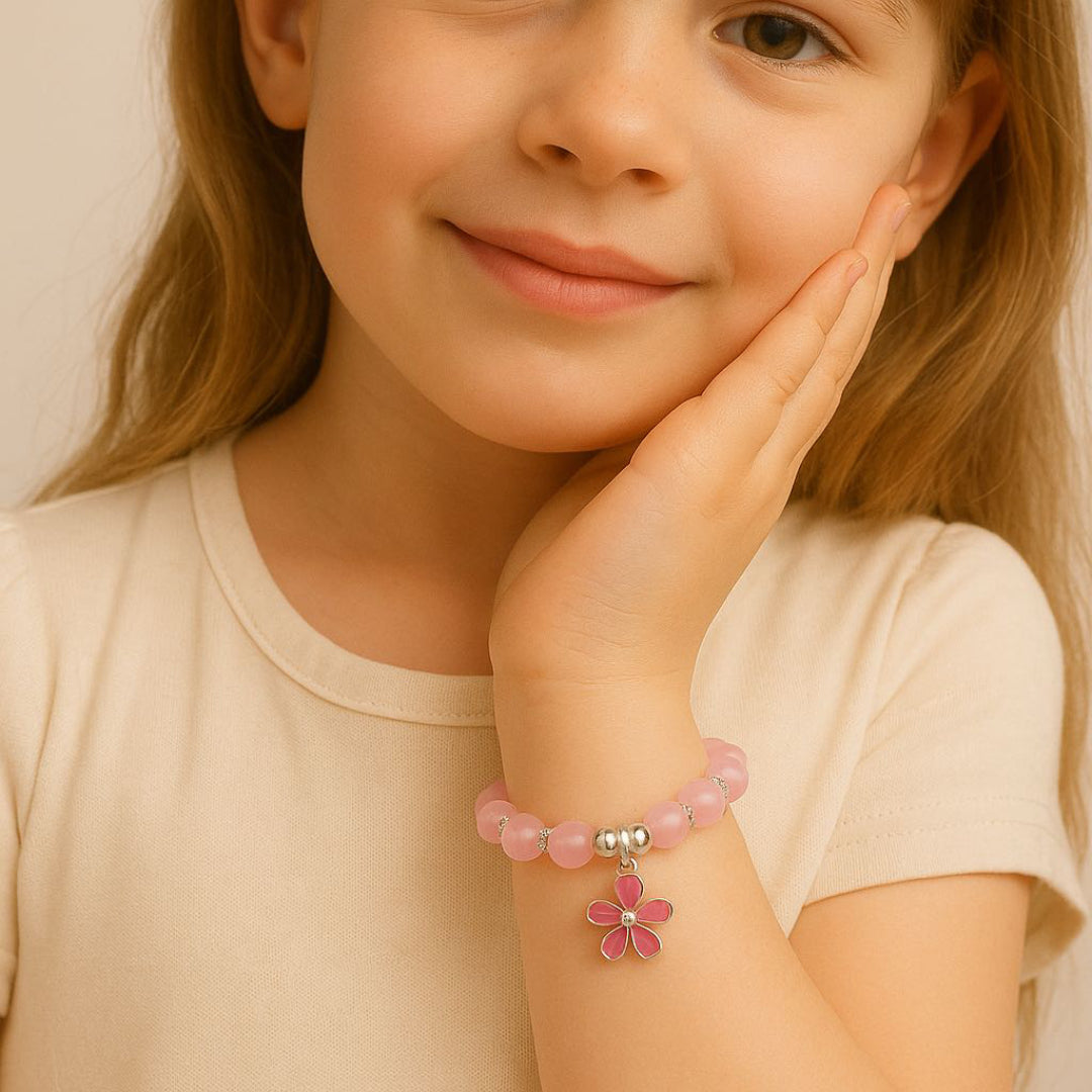 Bracelet Enfant Quartz Rose – Fleur de Cœur, Argent