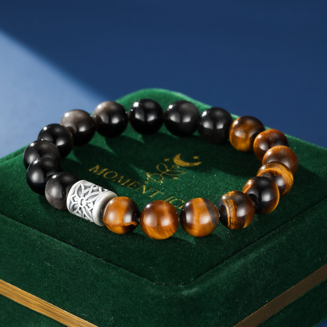 Bracelet Homme Œil de Tigre et Obsidienne – Harmonie Souterraine, Argent