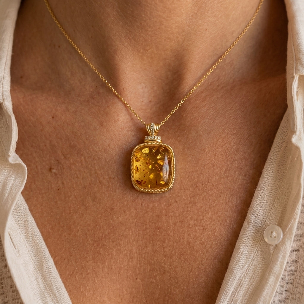 Collier Ambre - Instant Capturé, Argent Plaqué Or