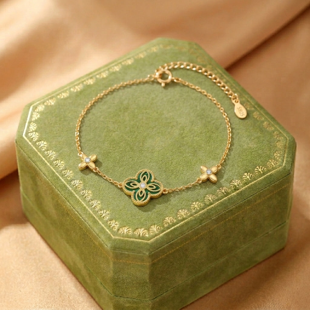 Bracelet Malachite – Trèfle Enchanté, Argent Plaqué Or
