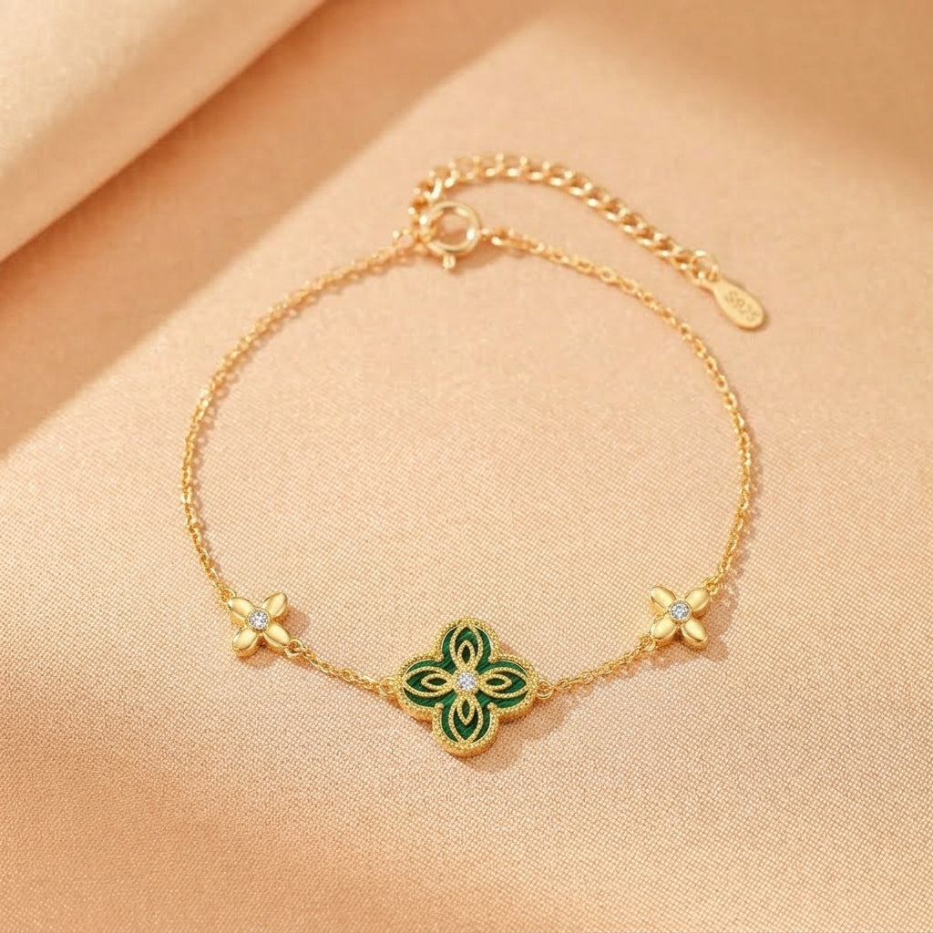 Bracelet Malachite – Trèfle Enchanté, Argent Plaqué Or