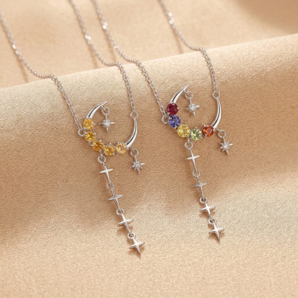 Collier Lune Citrine et Pierre Naturelles – Onde de Nuit, Argent