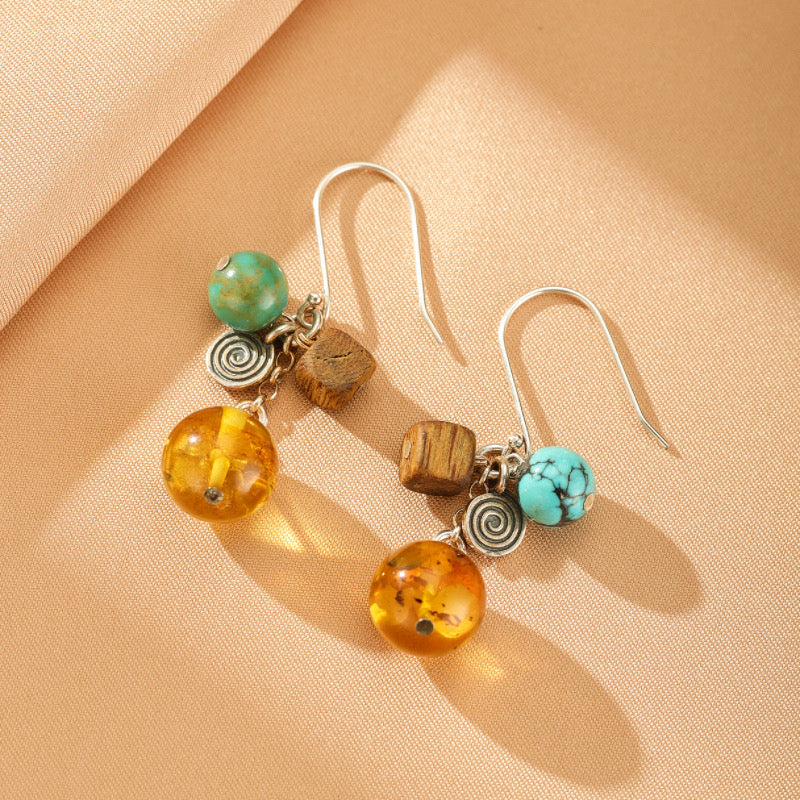 Boucles d'Oreilles Ambre, Turquoise et Bois – Charme Terrestre, Argent