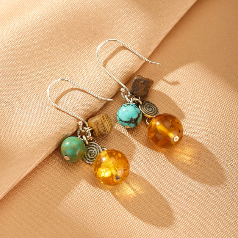 Boucles d'Oreilles Ambre, Turquoise et Bois – Charme Terrestre, Argent