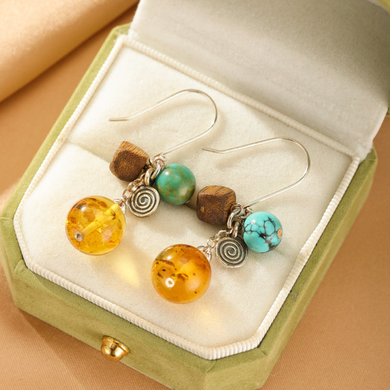 Boucles d'Oreilles Ambre, Turquoise et Bois – Charme Terrestre, Argent
