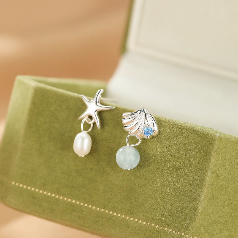 Aquamarine and Pearl Earrings – Ocean Star, Silver