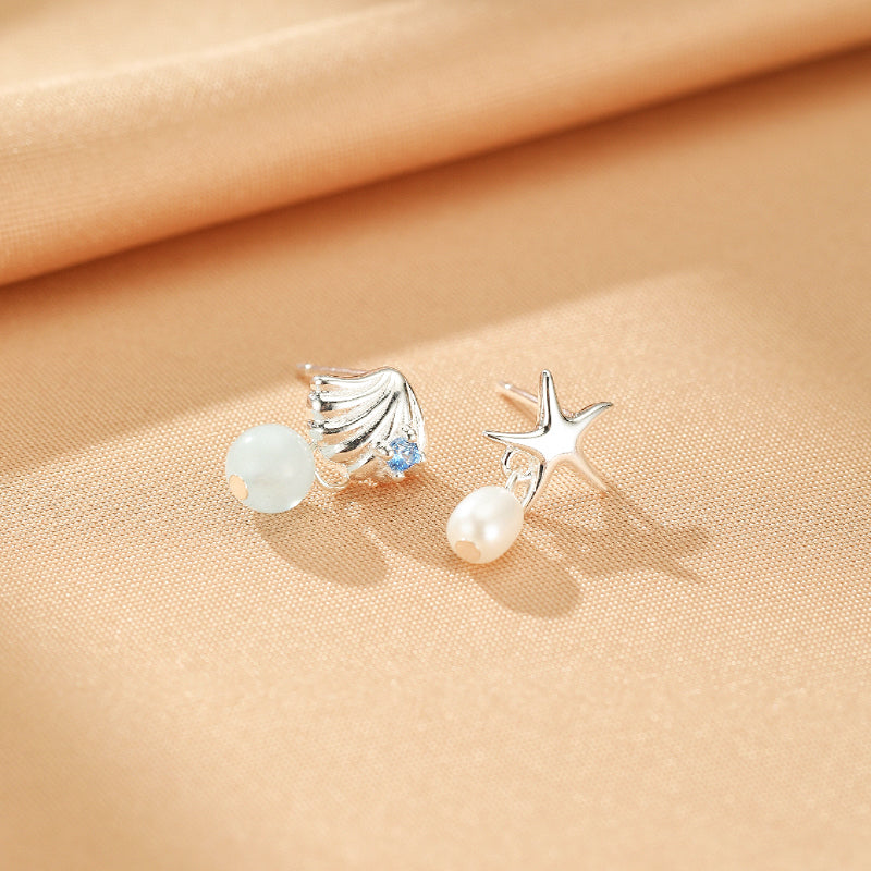 Boucles d'oreilles Aigue marine et Perle – Étoile de l'Océan, Argent