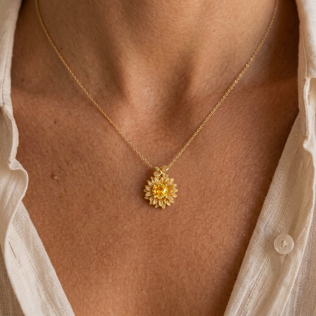 Collier Citrine – Rayon de Soleil, Argent Plaqué Or 10K