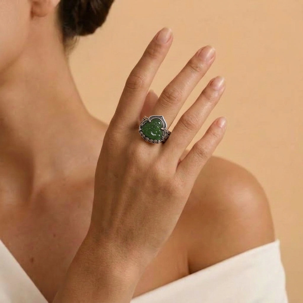 Bague Jade Néphrite – Sourire de Sagesse, Argent