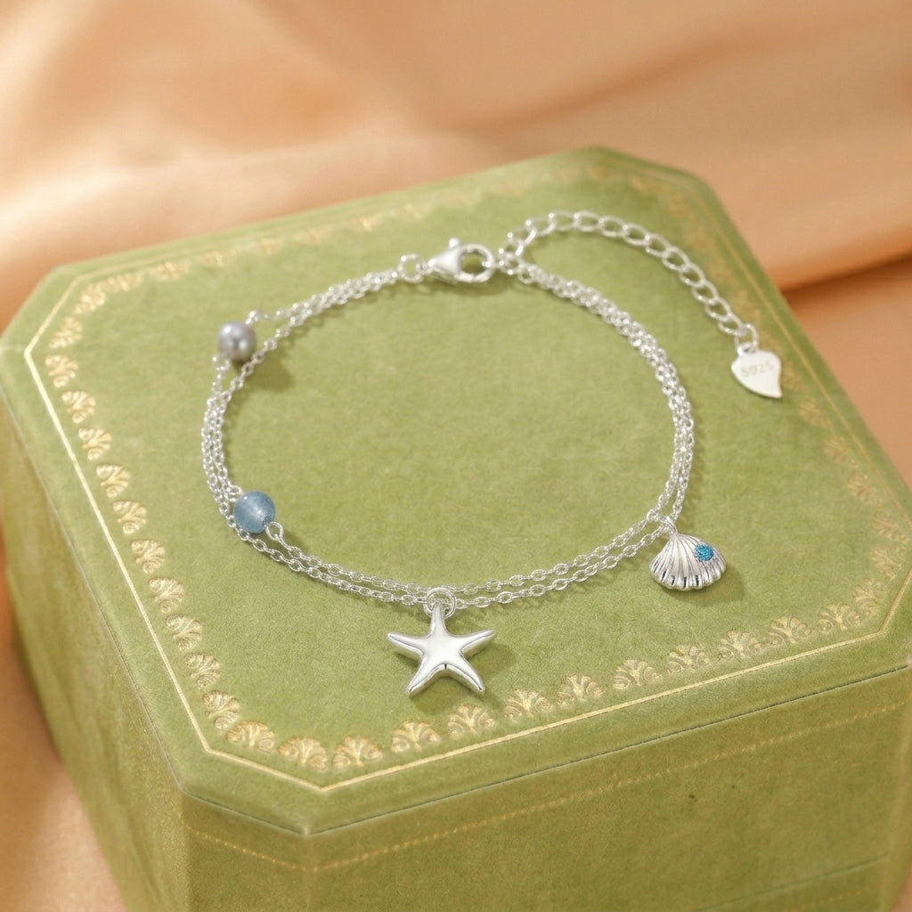 Aquamarine and Pearl Bracelet – Star of the Sea, S925 Silver