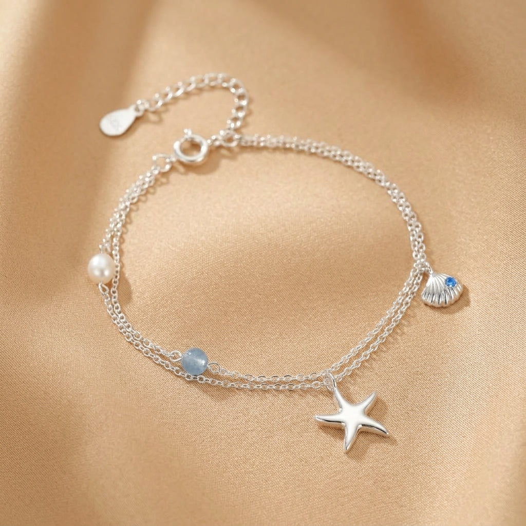 Aquamarine and Pearl Bracelet – Star of the Sea, S925 Silver