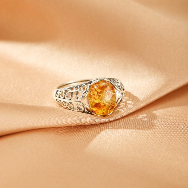 Bague Ambre – Étreinte Dorée, Argent