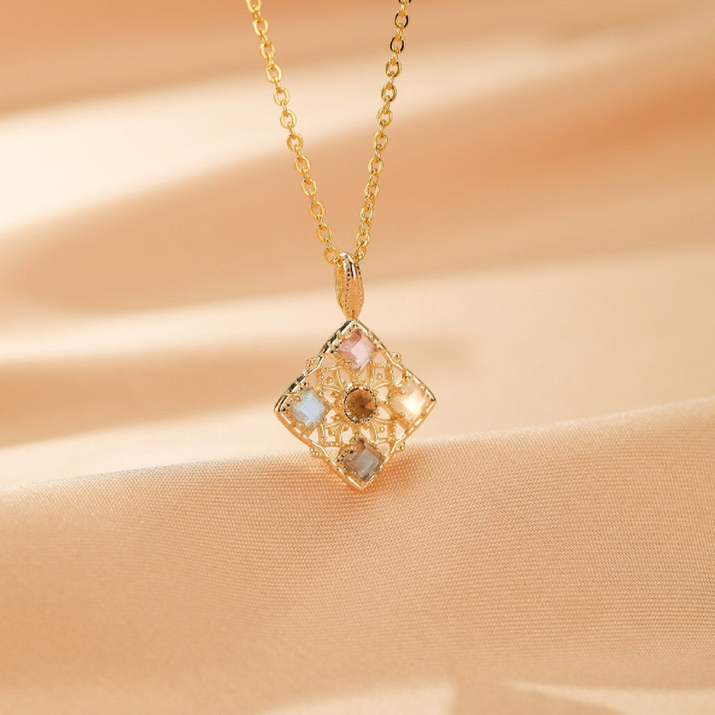 Collier Améthyste, Labradorite, Pierre de Lune – Éclat Mosaïque, Argent Plaqué Or