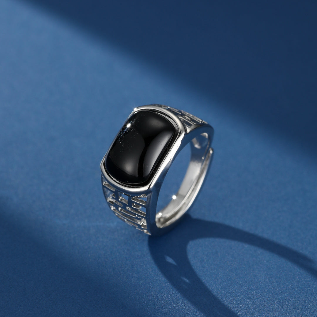 Bague Homme Obsidienne – Carré de Sagesse, Argent