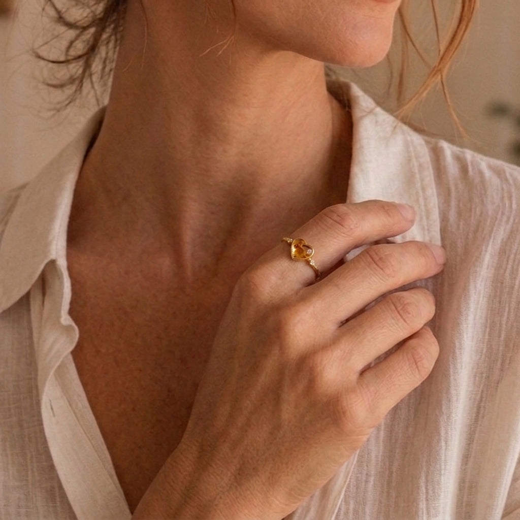 Bague Ambre – Cœur Rayonnant, Argent Plaqué Or