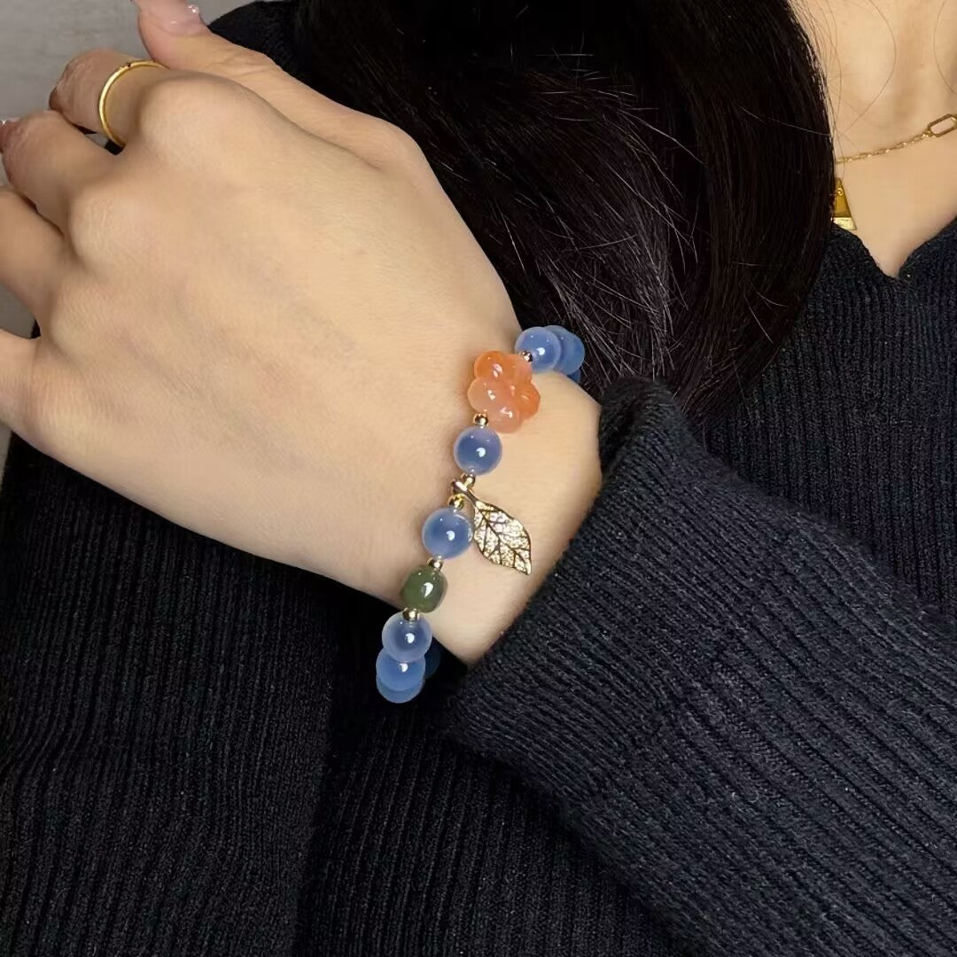 Bracelet Agate Bleue – Feuille Dorée