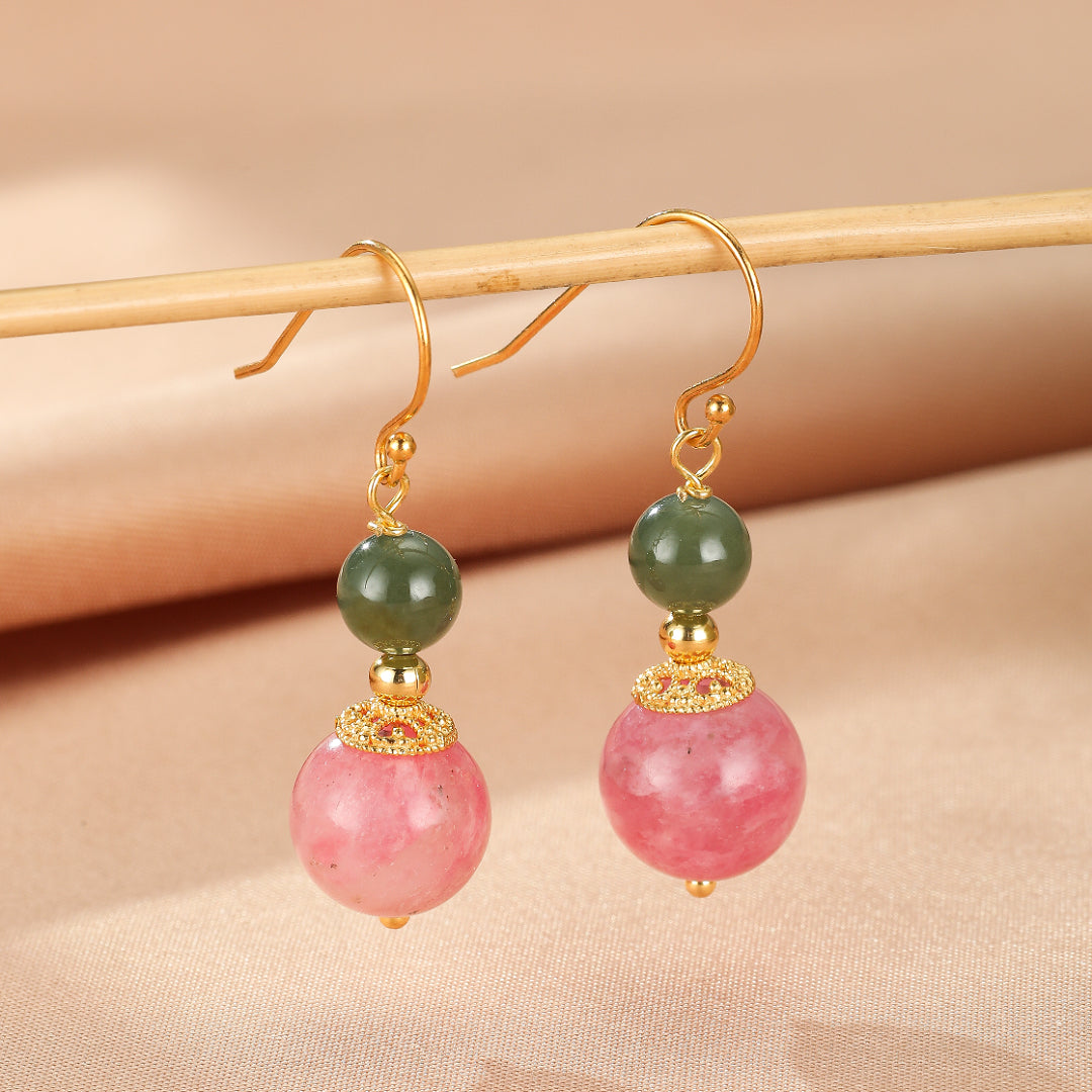 Boucles d’Oreilles Rhodonite et Jade – Duo Bien-Être