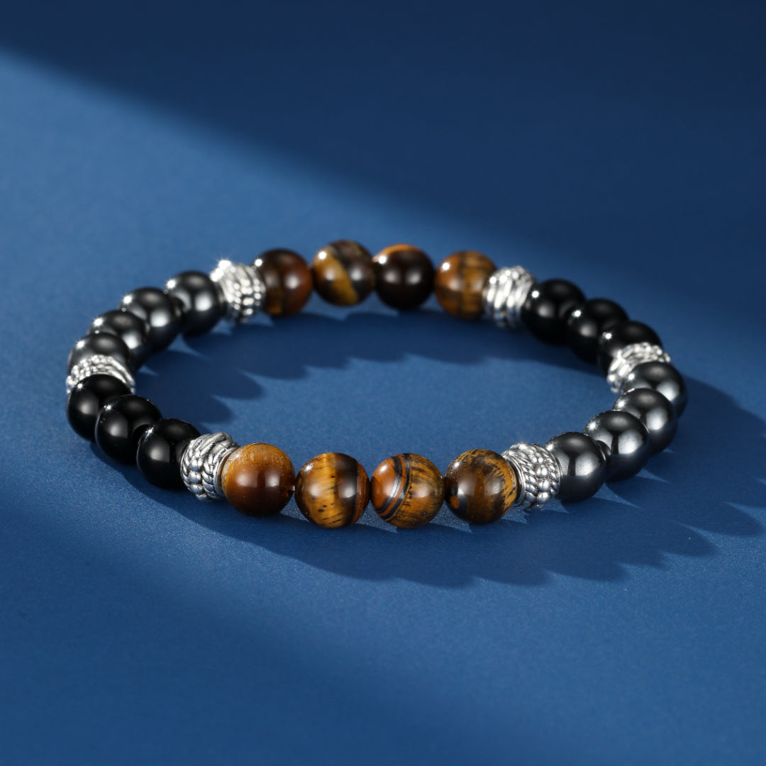 Bracelet Homme Hématite, Œil de Tigre et Obsidienne – Équilibre du Guerrier