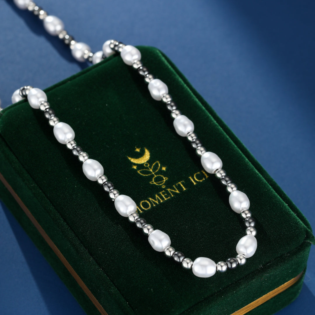 Collier Homme Hématite et Perle – Équilibre Brut