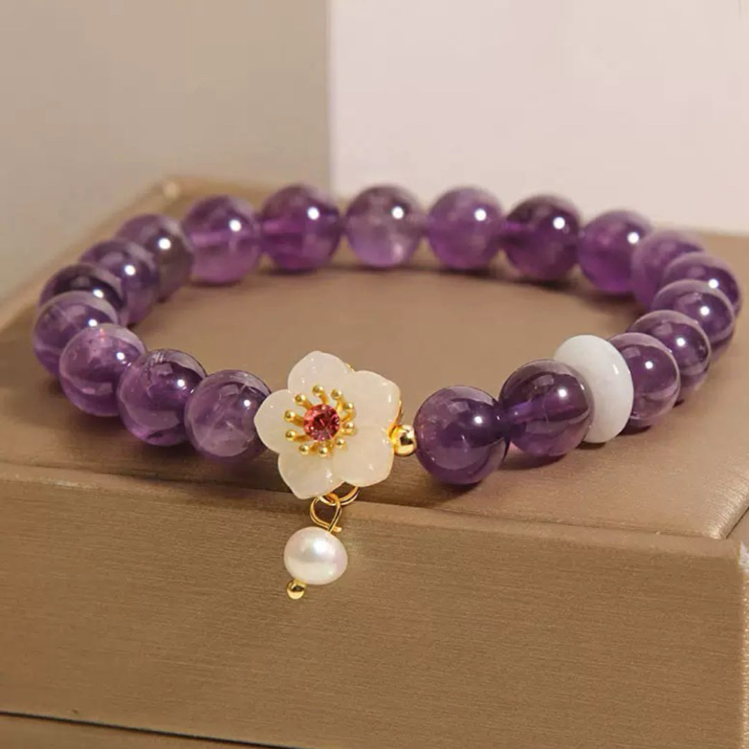 Bracelet Améthyste, Jade et Perle – Fleur de Sérénité