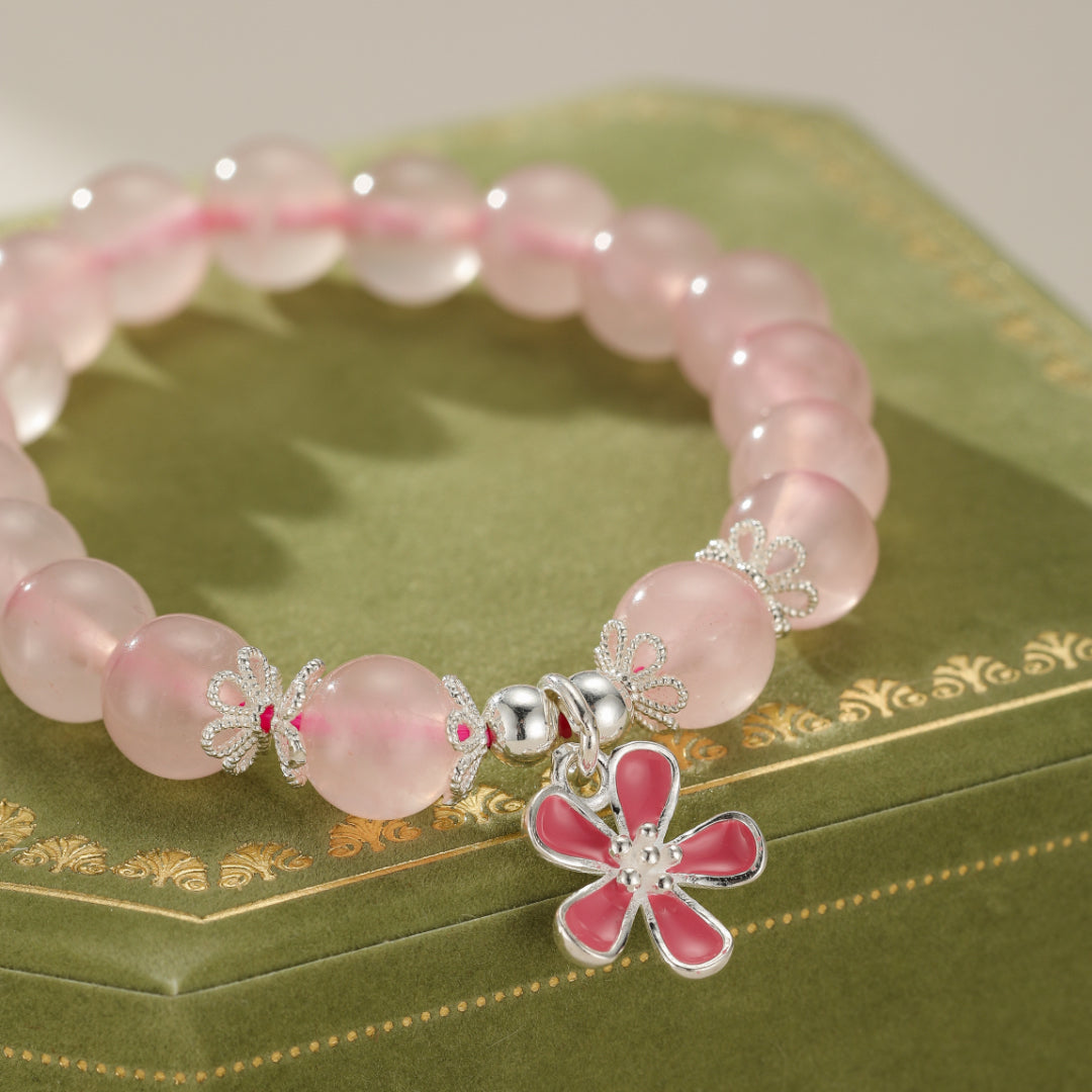 Bracelet Enfant Quartz Rose – Fleur de Cœur, Argent