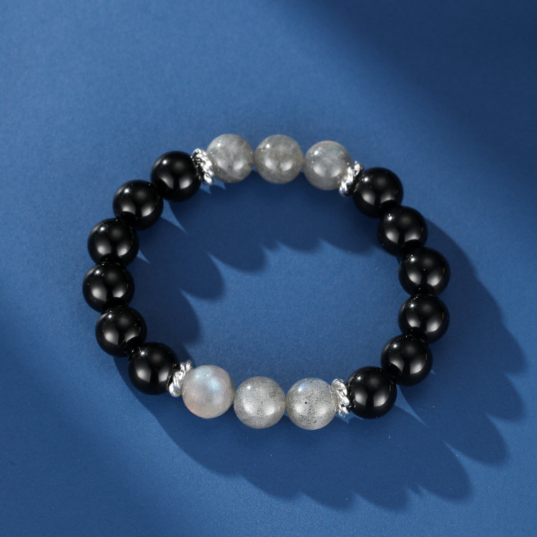 Bracelet Homme Obsidienne et Labradorite – Éclipse Intérieure, Argent