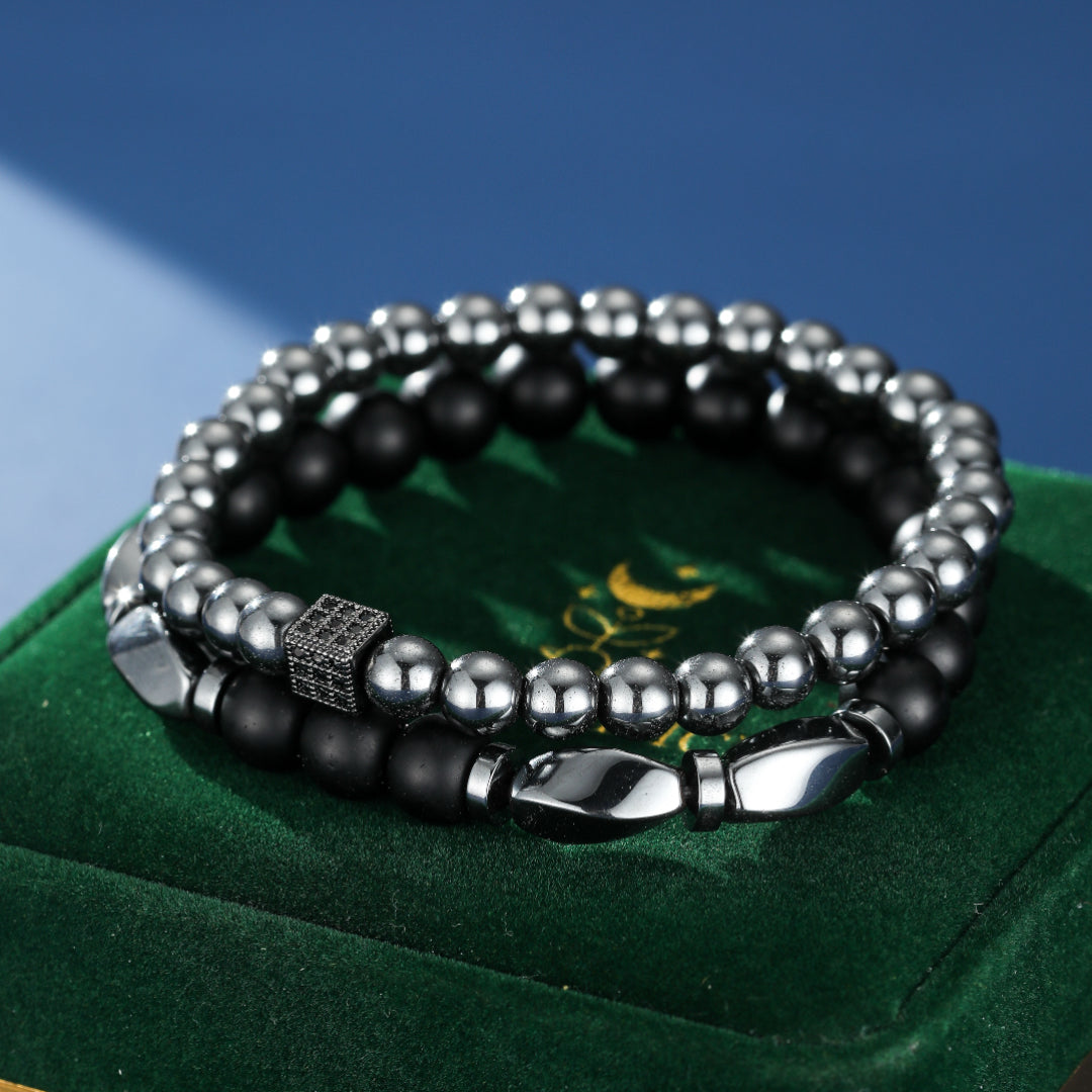 Bracelet Homme Hématite et Obsidienne – Duo Sombre