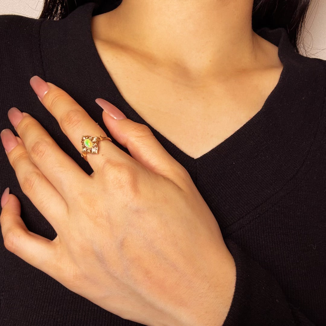 Bague Opale – Lumière Bohème, Argent Plaqué Or 10K