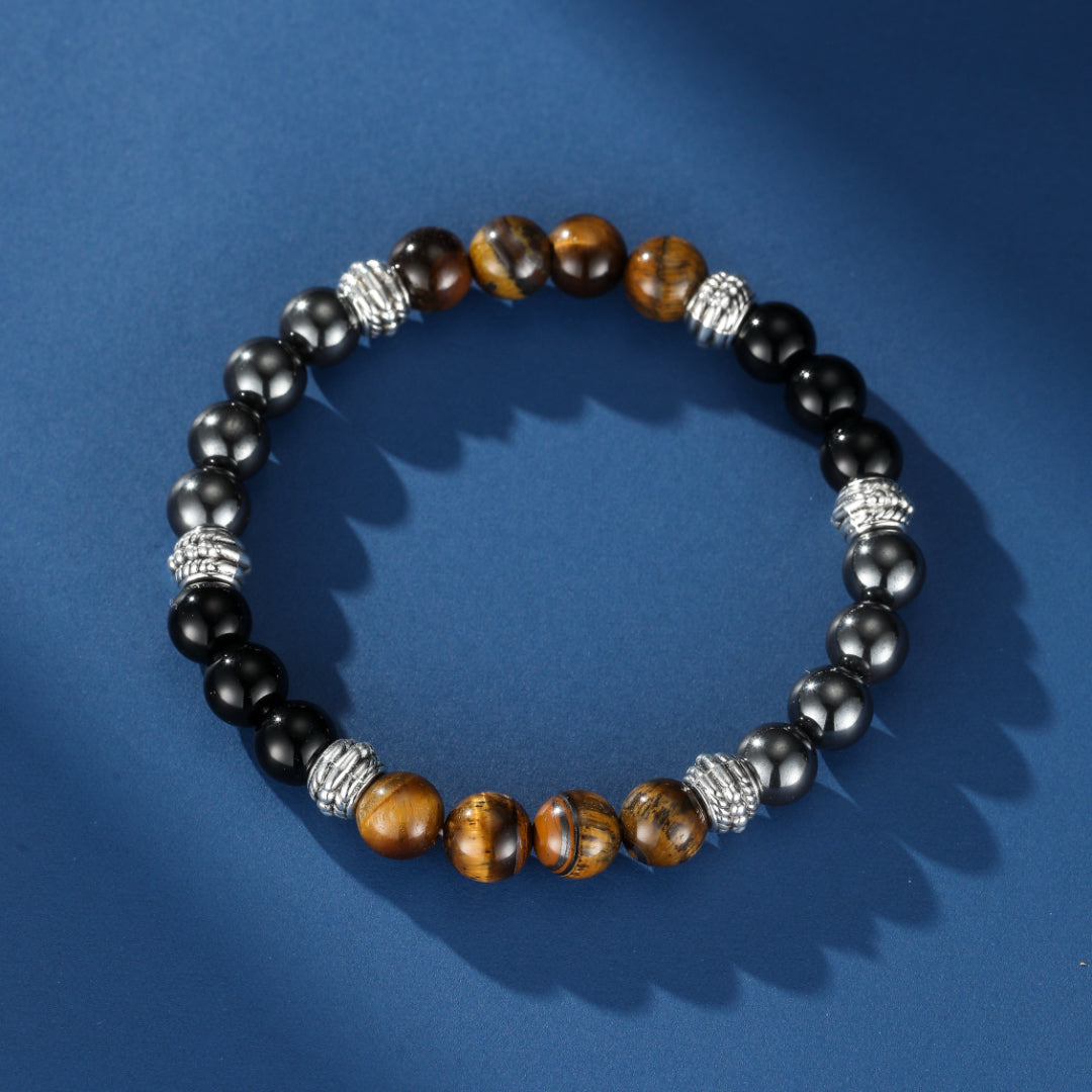 Bracelet Homme Hématite, Œil de Tigre et Obsidienne – Équilibre du Guerrier