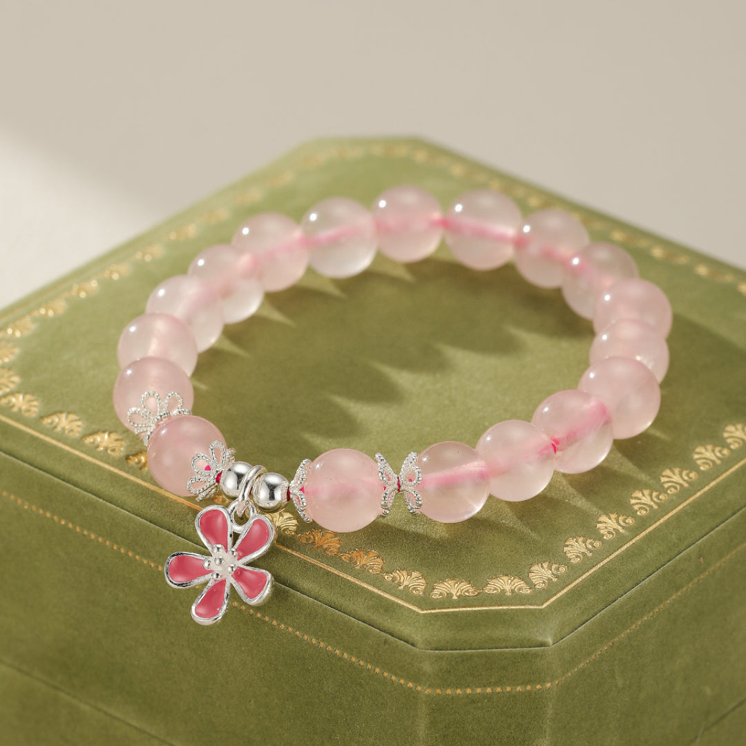Bracelet Enfant Quartz Rose – Fleur de Cœur, Argent
