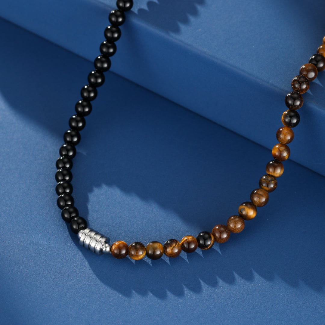 Collier Homme Œil de Tigre et Obsidienne – Fusion Mystique