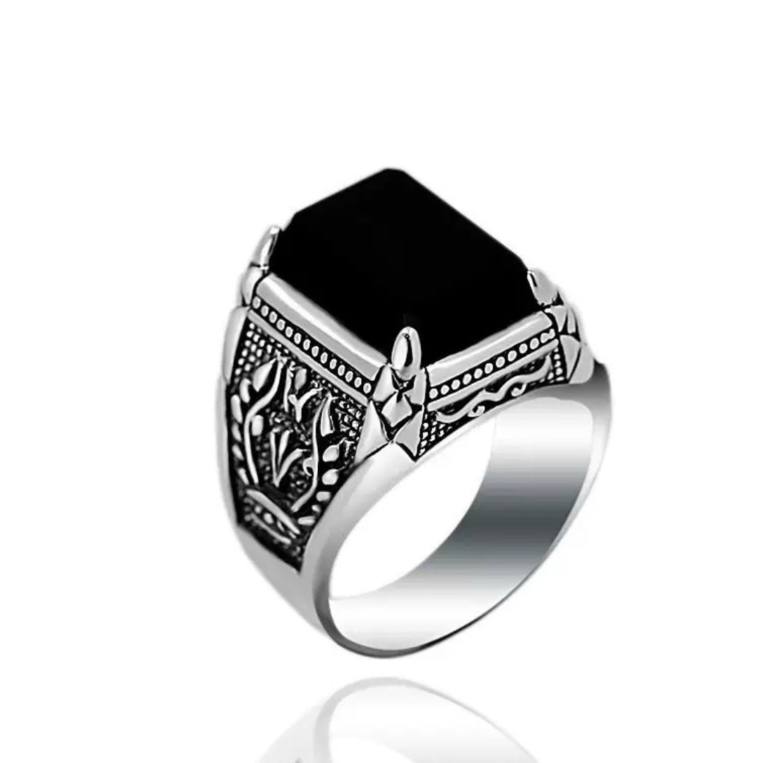 Bague Homme Obsidienne – Sceau Royal, Argent
