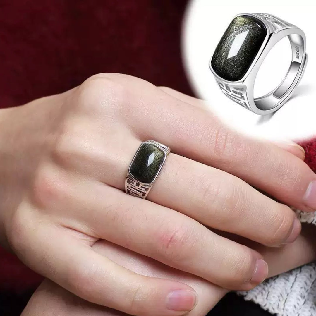 Bague Homme Obsidienne – Carré de Sagesse, Argent