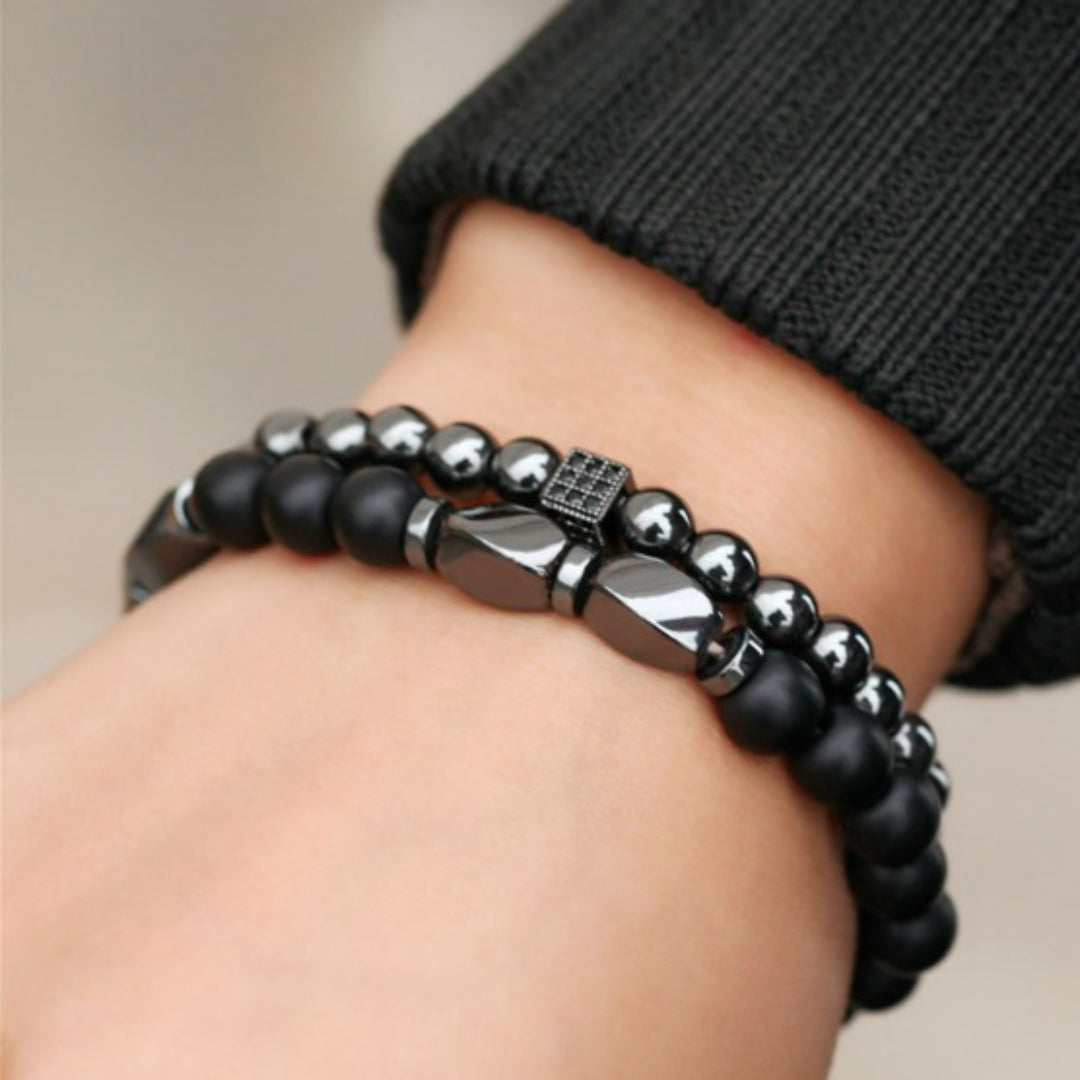 Bracelet Homme Hématite et Obsidienne – Duo Sombre