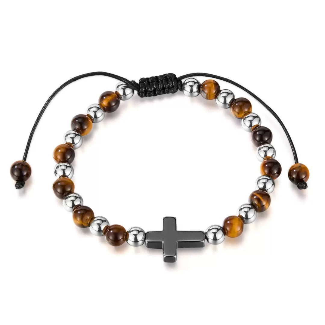 Bracelet Homme Œil de Tigre et Hématite – Croix de Foi