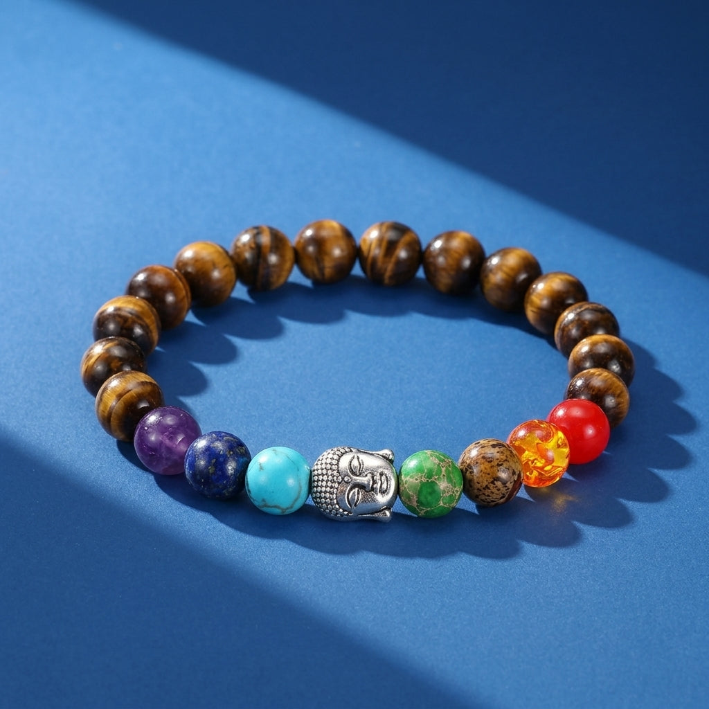 Bracelet 7 Chakras Œil de Tigre et Pierres Naturelles - Bouddha