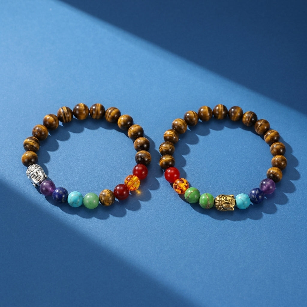 Bracelet 7 Chakras Œil de Tigre et Pierres Naturelles - Bouddha