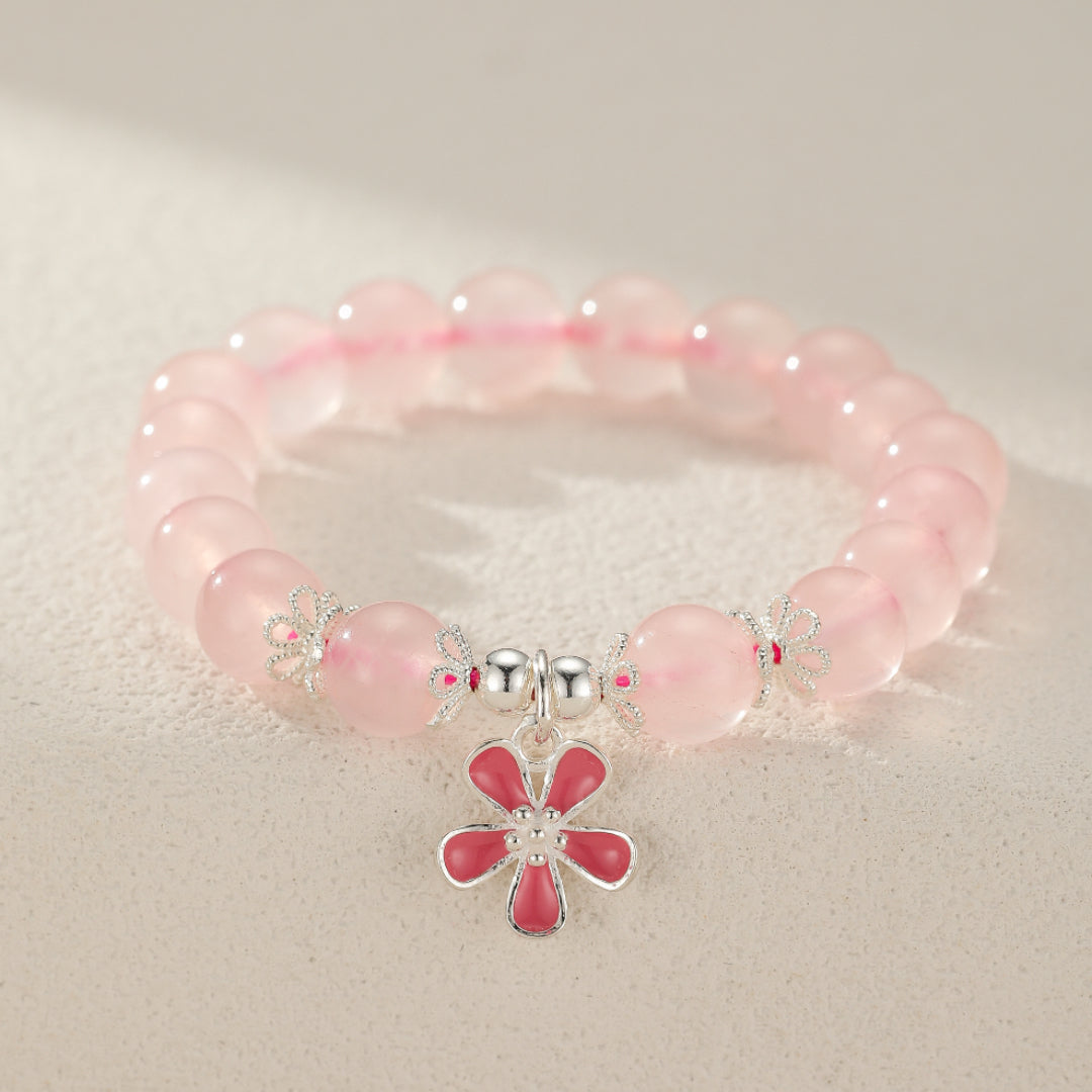 Bracelet Enfant Quartz Rose – Fleur de Cœur, Argent