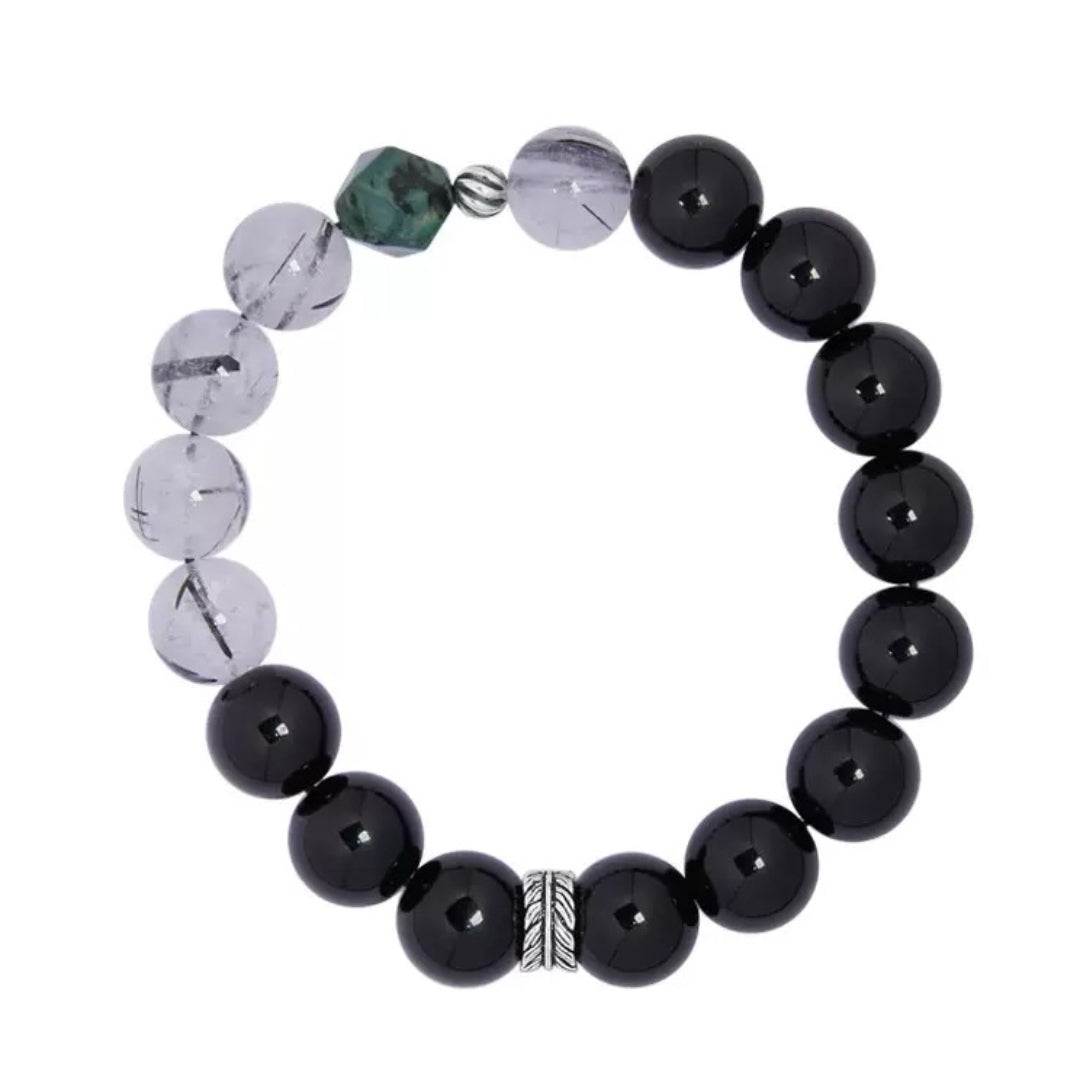 Bracelet Homme Obsidienne, Quartz Rutile et Jaspe Kambaba – Ombres Minérales, Argent