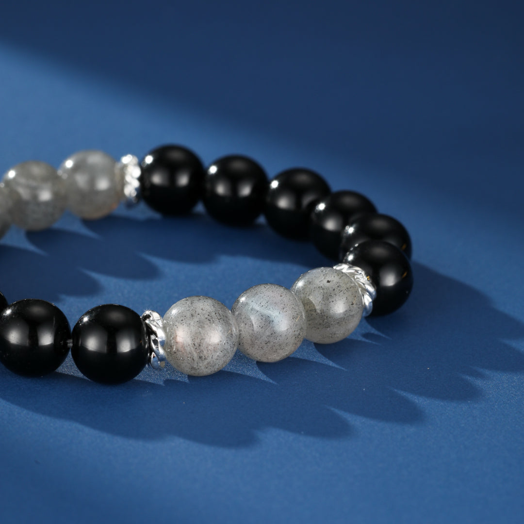 Bracelet Homme Obsidienne et Labradorite – Éclipse Intérieure, Argent