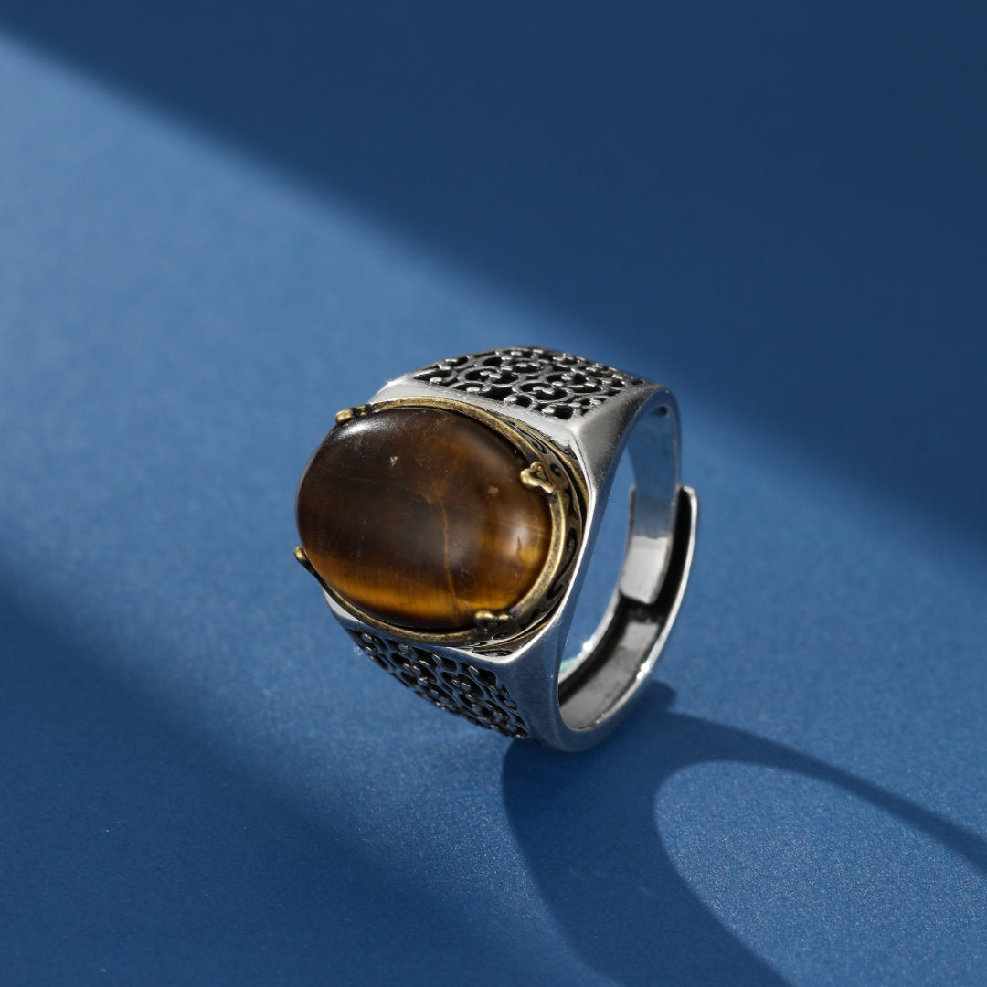 Bague Homme Œil de Tigre – Souverain Magnétique, Argent