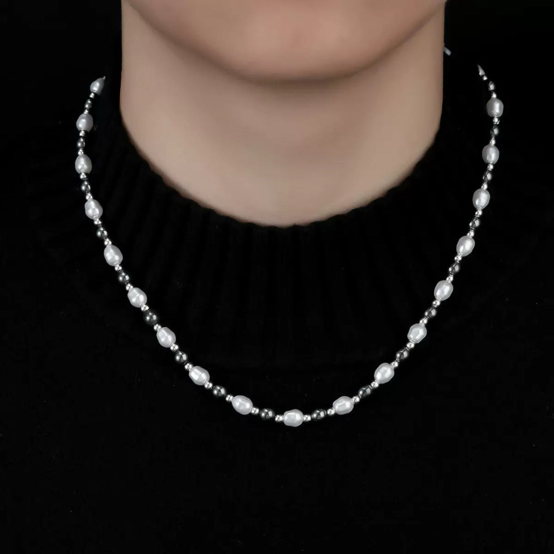 Collier Homme Hématite et Perle – Équilibre Brut
