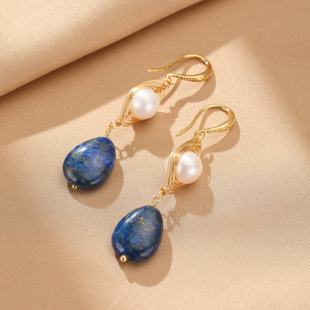 Boucles d'Oreilles Perles et Lapis Lazuli - Blanc et Bleu