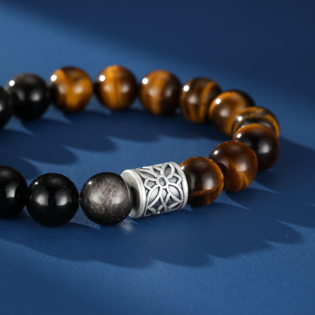 Bracelet Homme Œil de Tigre et Obsidienne – Harmonie Souterraine, Argent