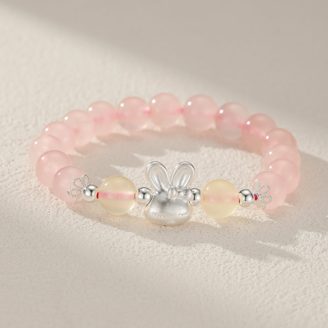 Bracelet Enfant Quartz Rose et Calcédoine Jaune – Douceur Lapin, Argent
