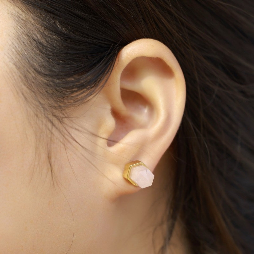 Boucles d’oreilles Quartz Rose – Point de Lumière, Argent Plaqué Or 10K