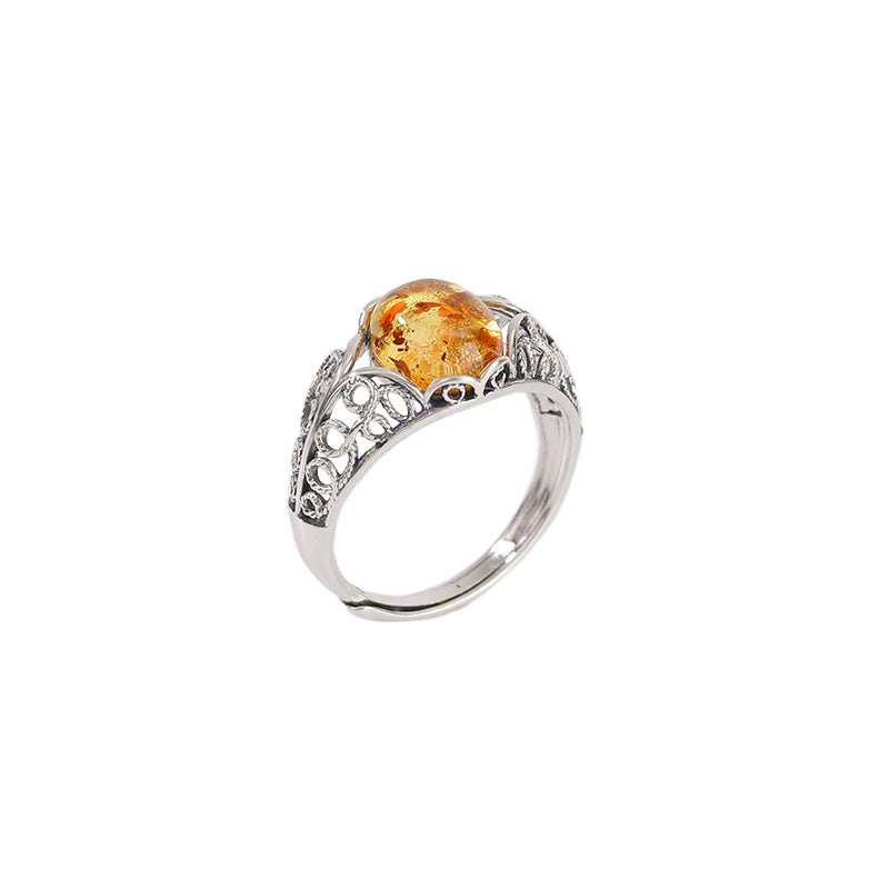 Bague Ambre – Étreinte Dorée, Argent