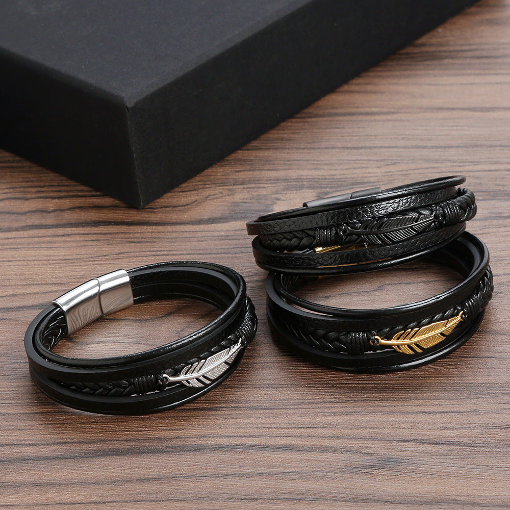 Bijou Homme Acier Inox Cuir Vintage Bracelet Cuir Homme Flongo - Style Biker Vintage Avec Charme Plume - Acier Inoxydable, Longueur 21 Cm - Cadeau Motard Bracelet Cuir Homme Biker Flongo